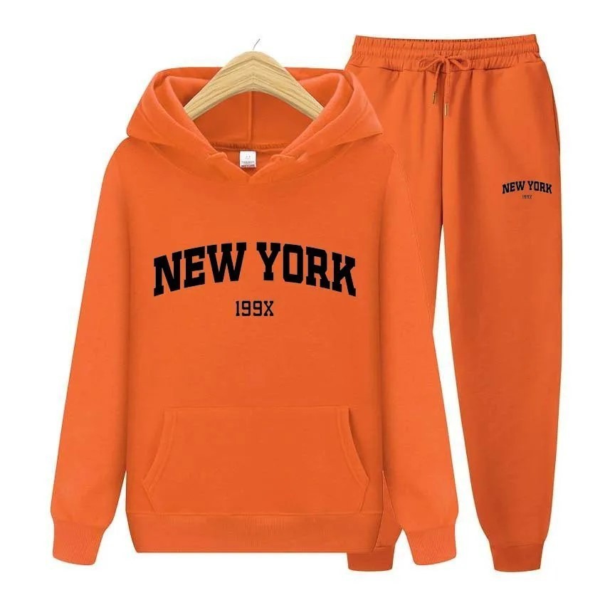 Stylish New York Letter Pullover & Sweatpants Set: Cozy Couple's Hoodie Sportswear for Men & Women