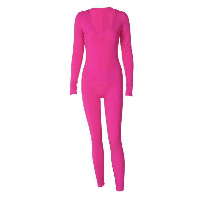 Luxurious Slim Fit Solid Color Long Sleeve Sports Jumpsuit