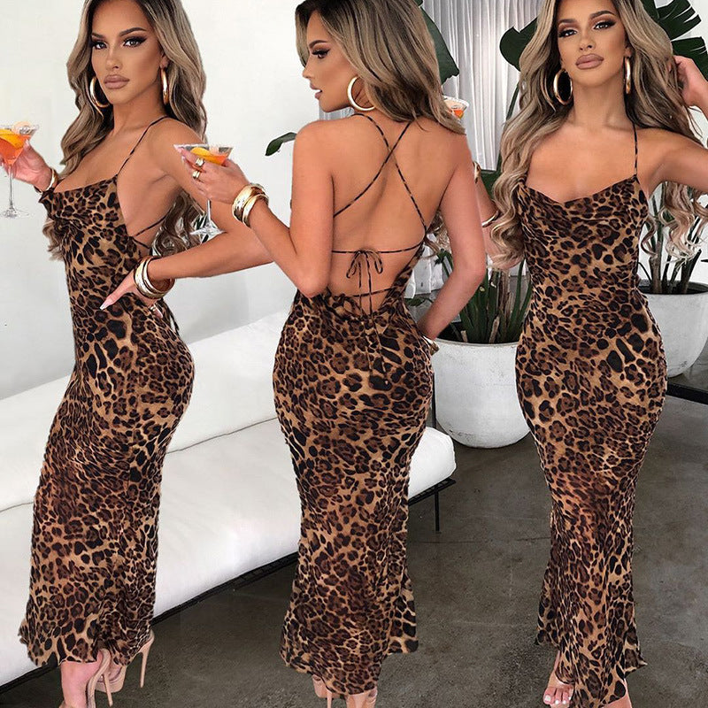 Leopard Print Backless Lace-Up MIDI Dress for Sexy Elegance