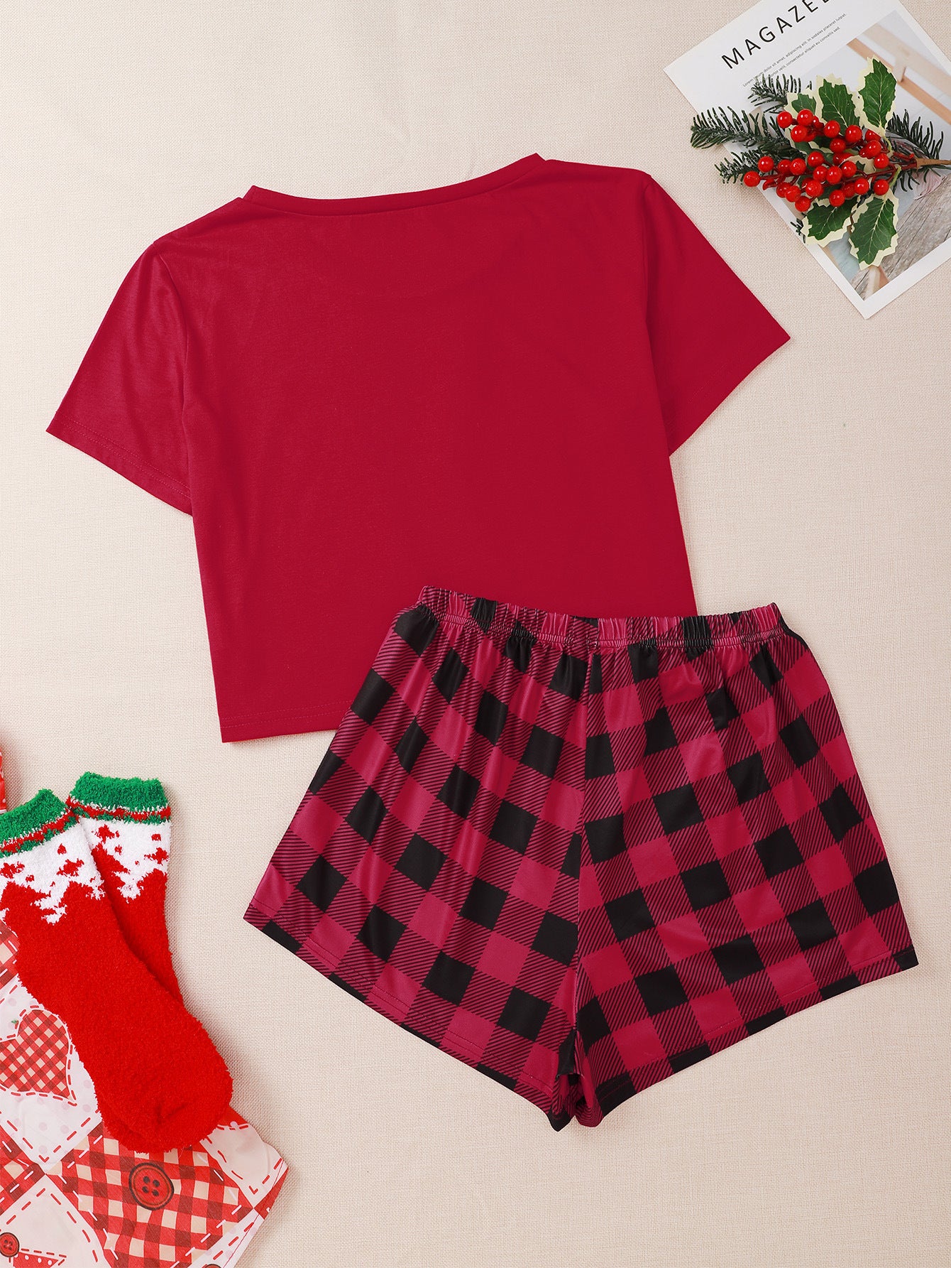 Letter Print Short Sleeve T Shirt Plaid Shorts Christmas Women Pajama Sets