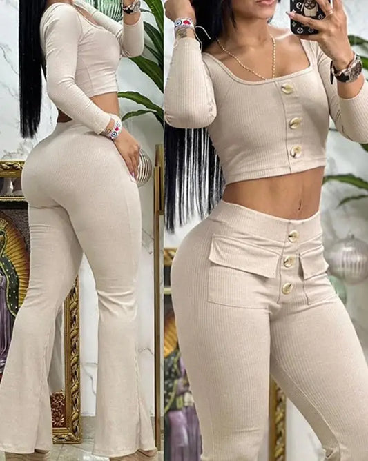 Two Piece Set Women Outfit 2023 Summer Fashion Square Neck Long Sleeve Buttoned Top & Pocket Design High Waist Flared Pants Set