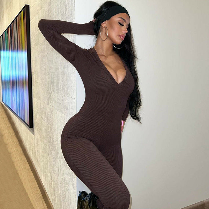 Luxurious Slim Fit Solid Color Long Sleeve Sports Jumpsuit