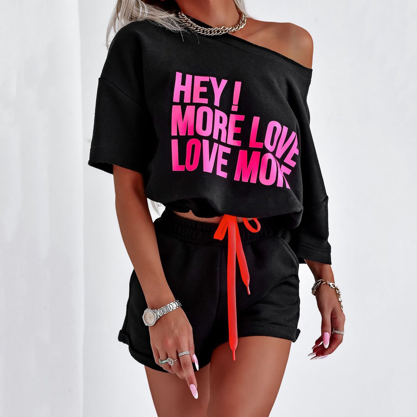 Trendy 'Hey! More Love, Love More' Top & Shorts Set: Stylish and Comfortable for Any Occasion