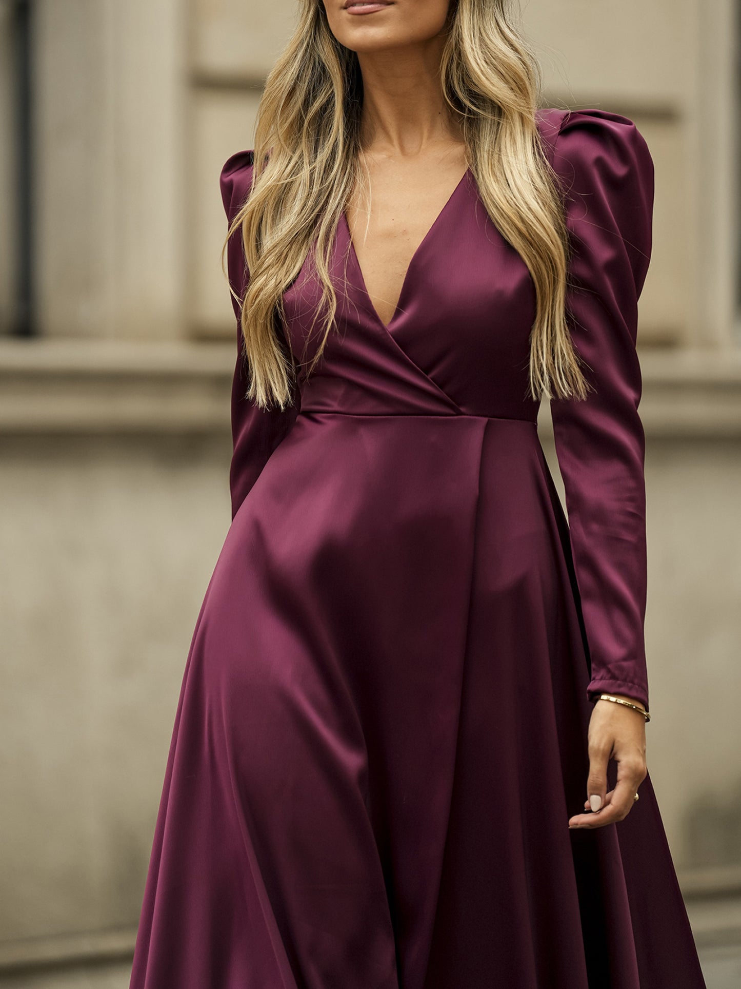 Puff Sleeve V-neck Slit Maxi Dress