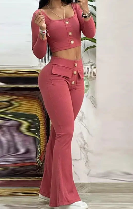 Two Piece Set Women Outfit 2023 Summer Fashion Square Neck Long Sleeve Buttoned Top & Pocket Design High Waist Flared Pants Set