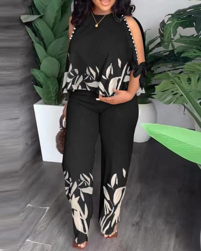 Round Neck Raglan Half Sleeve Beaded Positioning Printed Trousers Suit