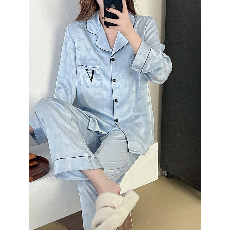 Enchanting Bow Jacquard Embroidery Sweet Ice Silk Pajamas for Ladies