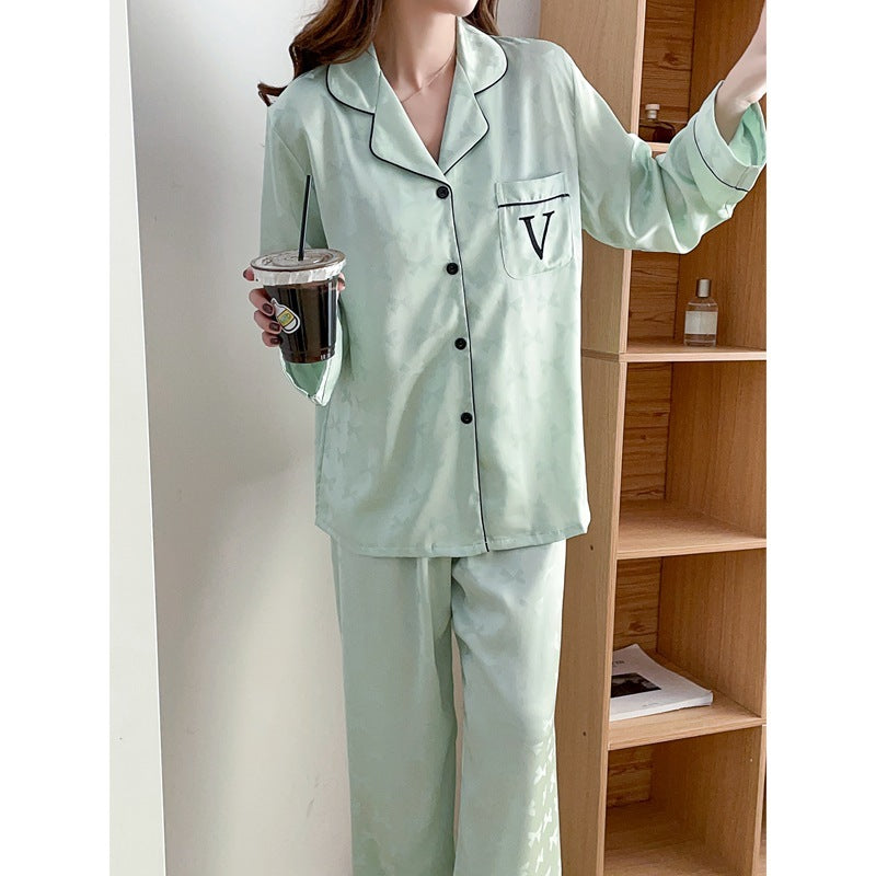 Enchanting Bow Jacquard Embroidery Sweet Ice Silk Pajamas for Ladies