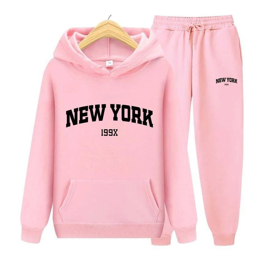 Stylish New York Letter Pullover & Sweatpants Set: Cozy Couple's Hoodie Sportswear for Men & Women