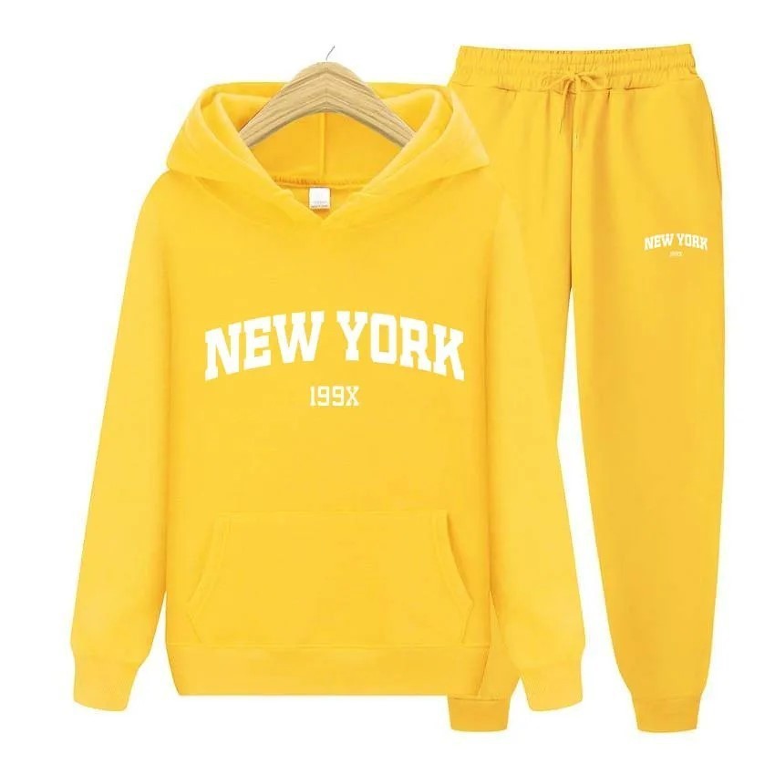 Stylish New York Letter Pullover & Sweatpants Set: Cozy Couple's Hoodie Sportswear for Men & Women