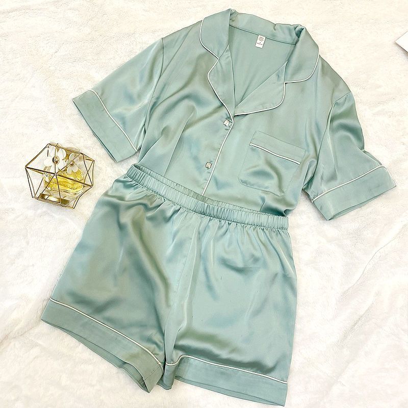 Luxurious Women's Ice Silk Pajama Set: Short Sleeve, Square Diamond Button, and Casual Comfort