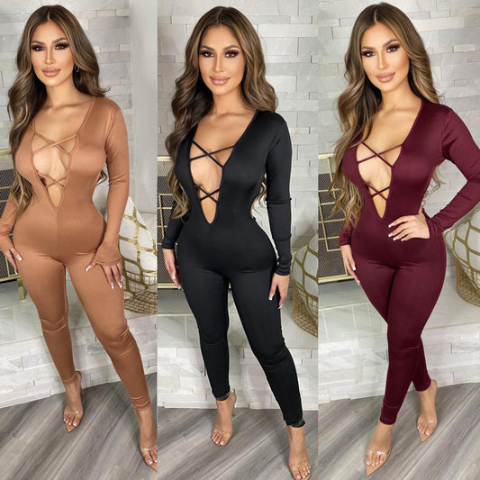 Women's Fashion Skinny Hollow Long Sleeve Jumpsuit