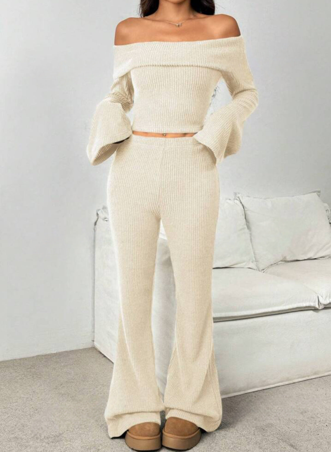 Off-neck Skinny Long-sleeved Trousers Knitting Suit