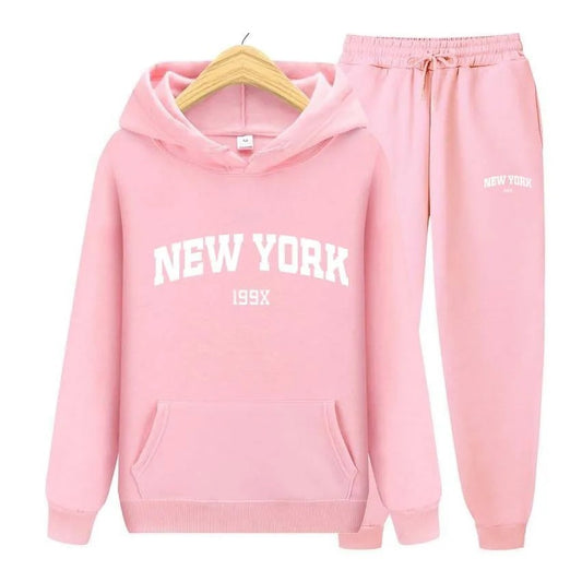 Stylish New York Letter Pullover & Sweatpants Set: Cozy Couple's Hoodie Sportswear for Men & Women