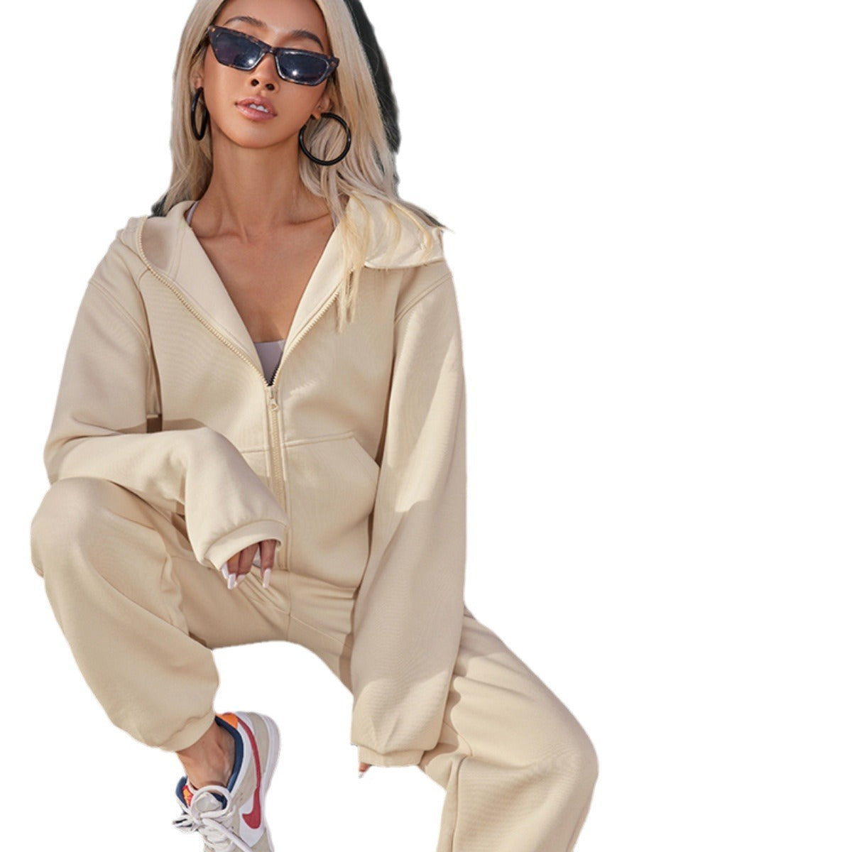 Women's Solid Color Hooded Long Sleeve Ankle-tied Suit