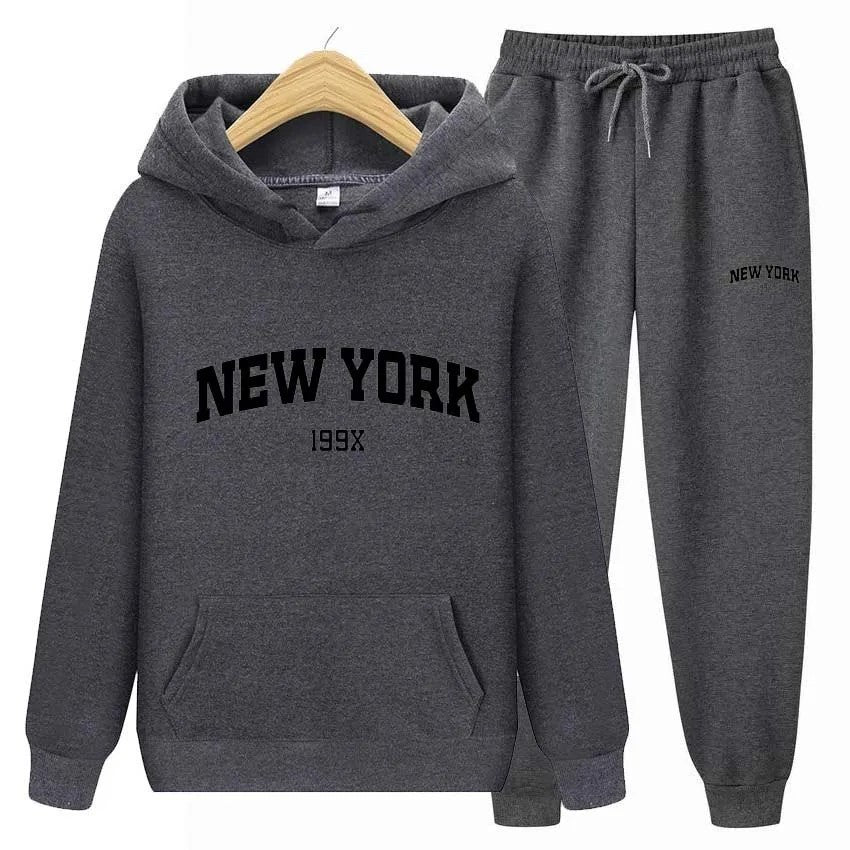 Stylish New York Letter Pullover & Sweatpants Set: Cozy Couple's Hoodie Sportswear for Men & Women