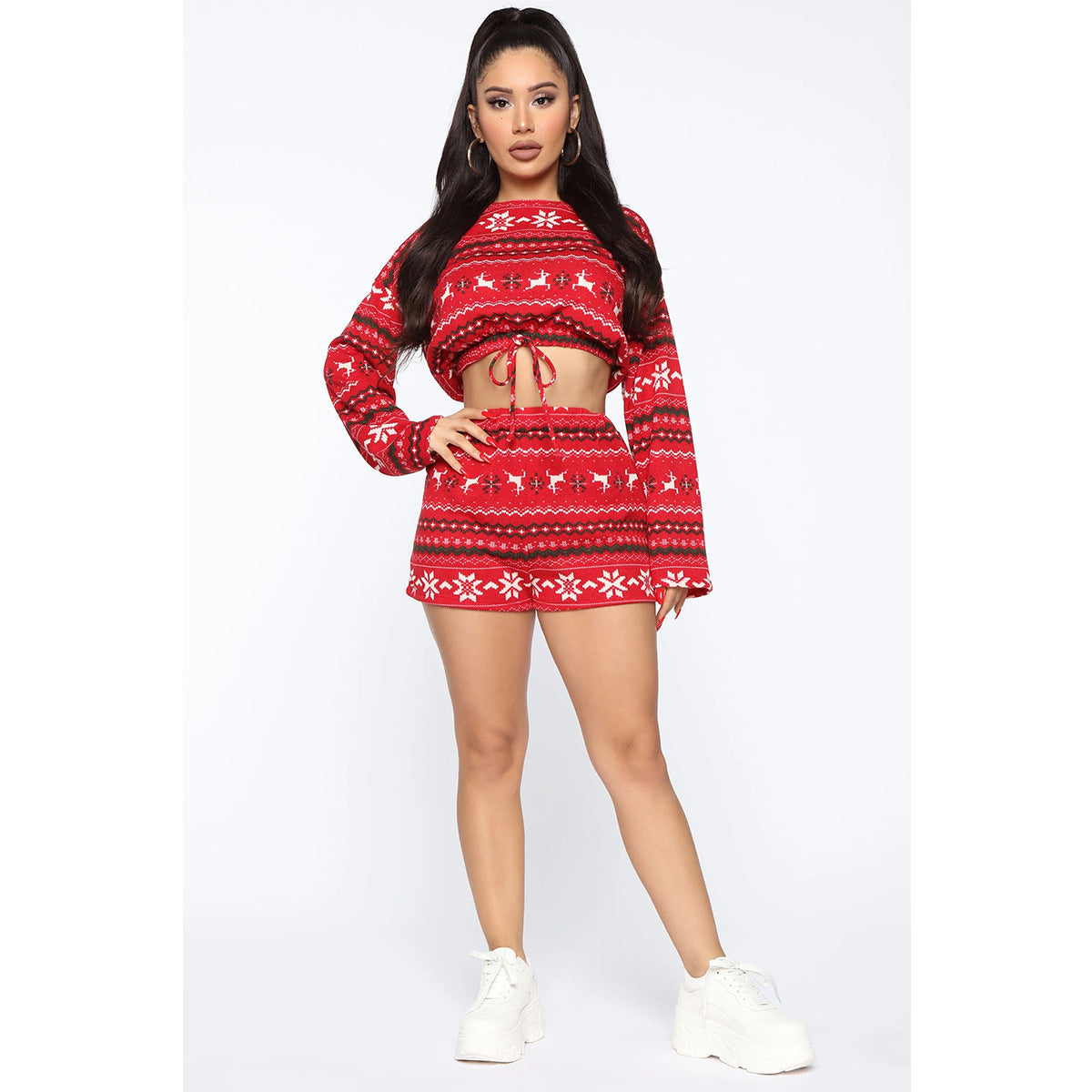 Women Christmas Pajama Sets Long Sleeve Crop Top Shorts 2Pcs