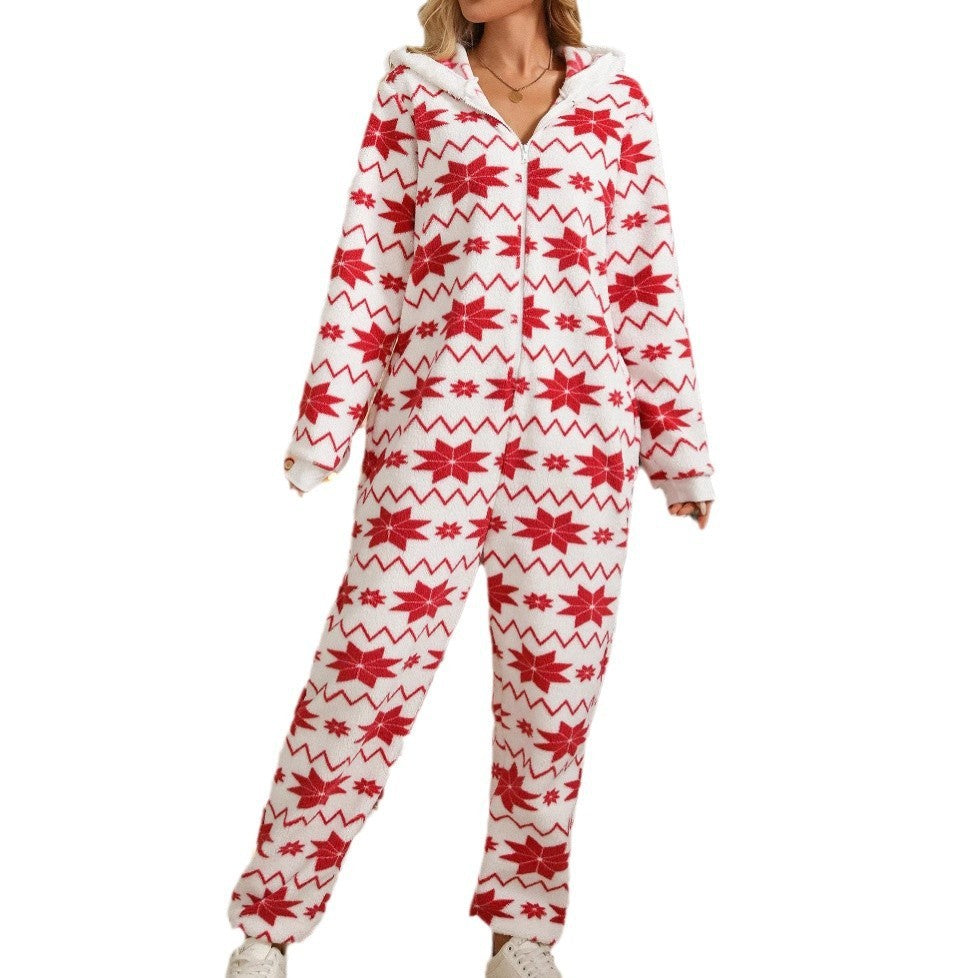 Loose Long Sleeve Trousers Christmas Printed Plush Jumpsuit Suit