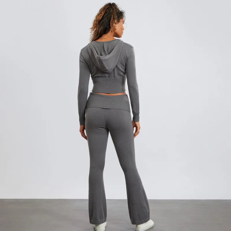 Sultry Knit Ensemble: Zip-Up Cropped Hoodie & Bootcut Pants Set