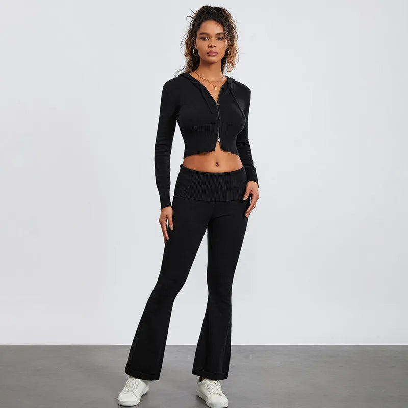 Sultry Knit Ensemble: Zip-Up Cropped Hoodie & Bootcut Pants Set