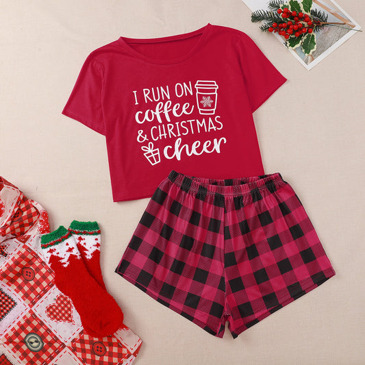 Letter Print Short Sleeve T Shirt Plaid Shorts Christmas Women Pajama Sets