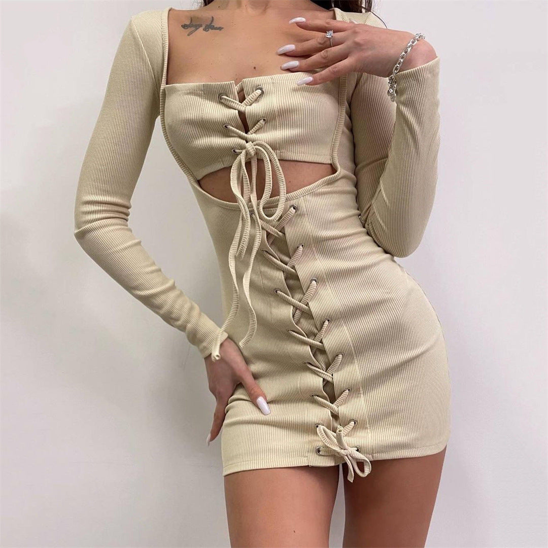 Luxurious Square Neck Cut-Out Tie Long Sleeve Mini Dress