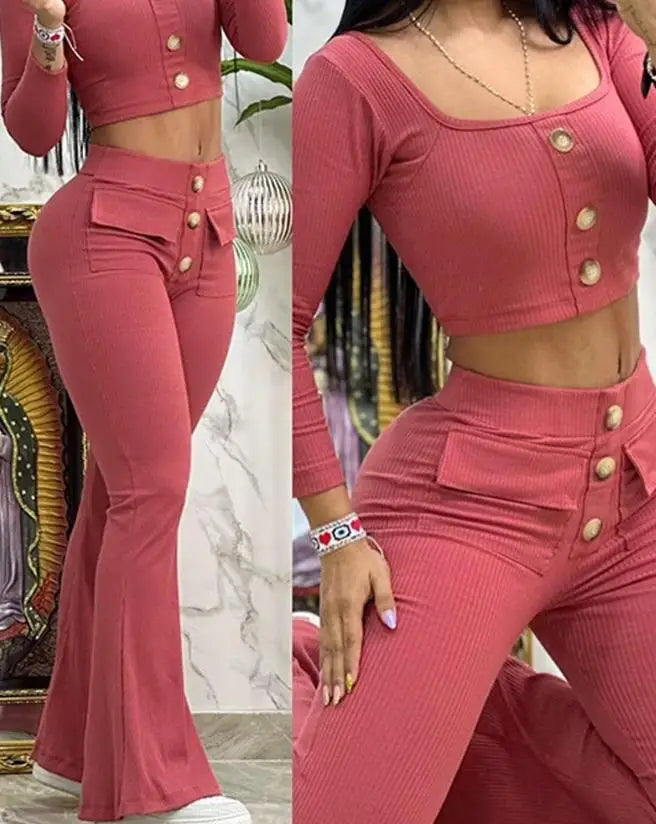 Two Piece Set Women Outfit 2023 Summer Fashion Square Neck Long Sleeve Buttoned Top & Pocket Design High Waist Flared Pants Set