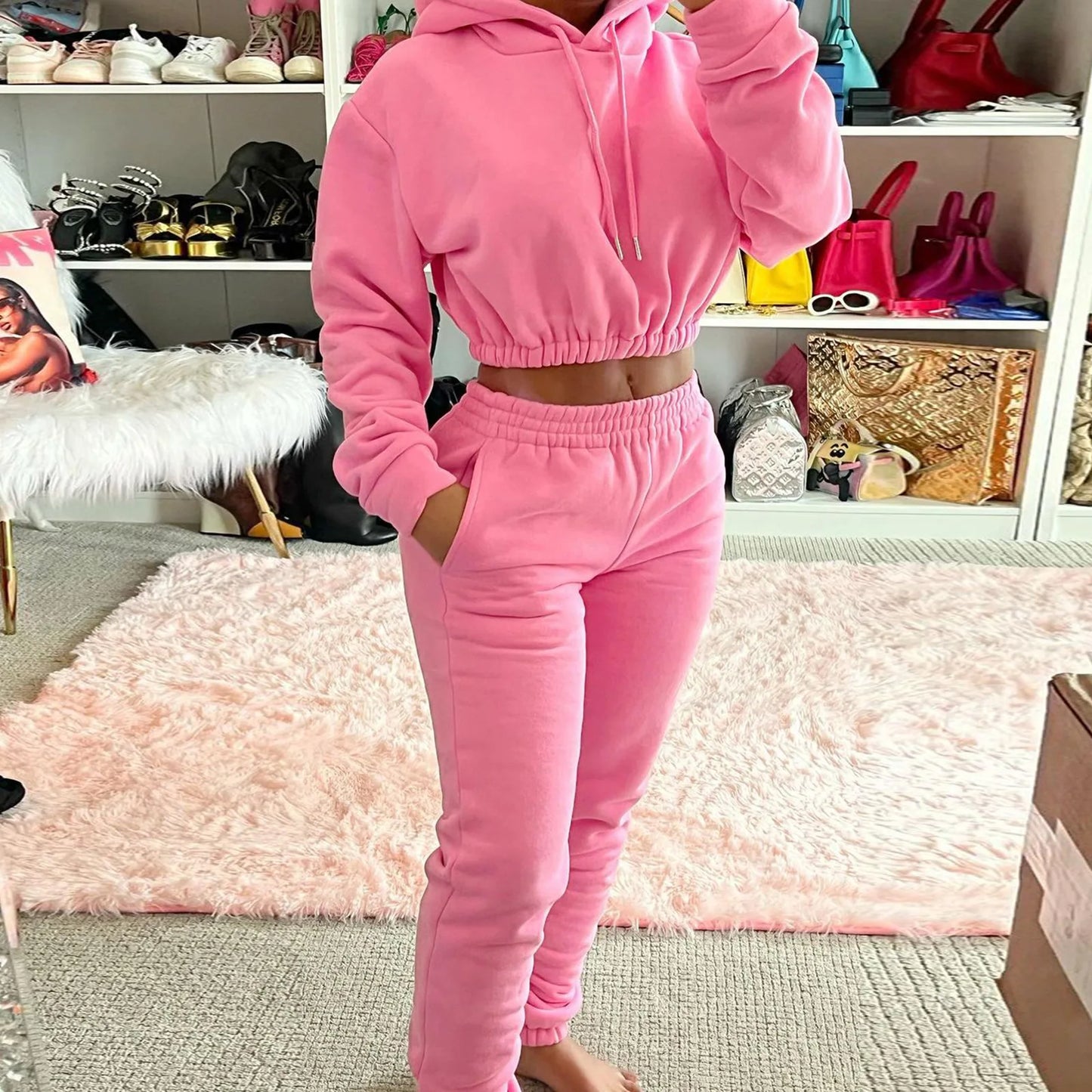 Women 2 Piece Outfits Fleece Sweatsuit Fall Tracksuit Pullover Crop Hoodie Jogger Pants Lounge Set Casual Sports Workout Outfits