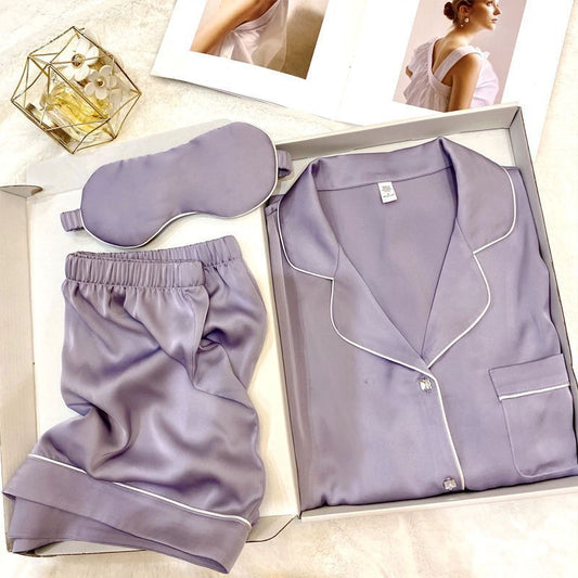 Luxurious Women's Ice Silk Pajama Set: Short Sleeve, Square Diamond Button, and Casual Comfort