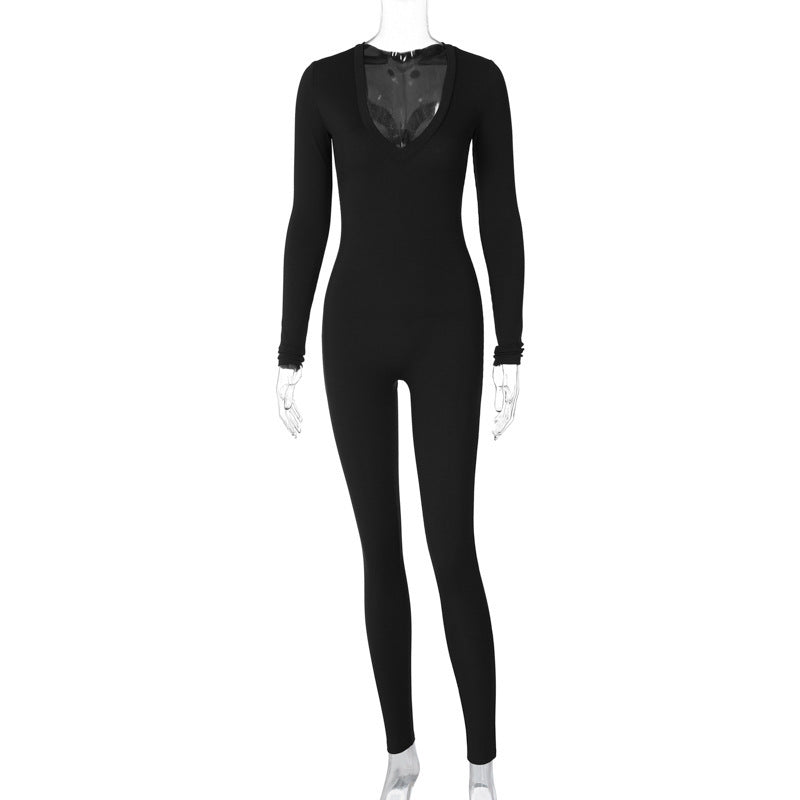 Luxurious Slim Fit Solid Color Long Sleeve Sports Jumpsuit