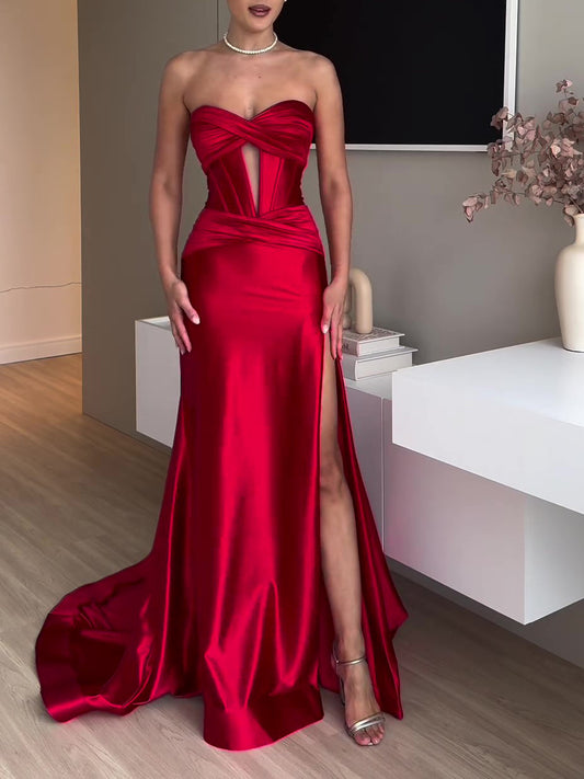 Elegant Tube Top Red Slit Evening Dress for Ultimate Sophistication