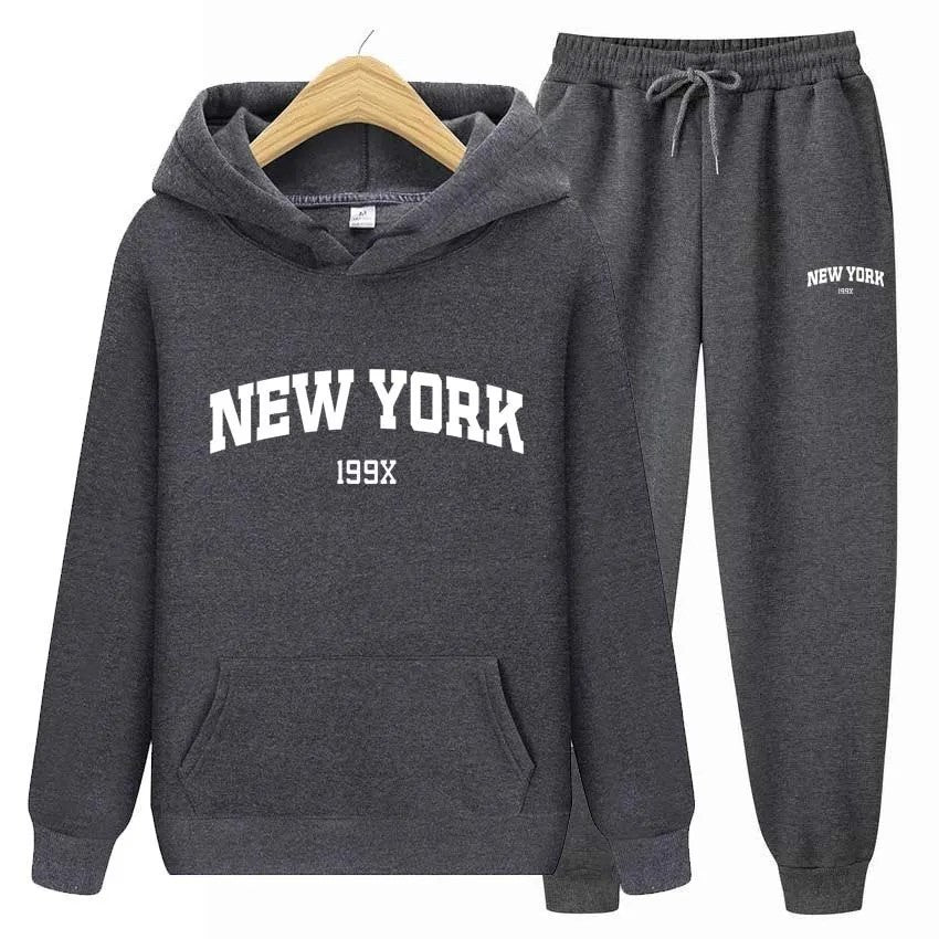 Stylish New York Letter Pullover & Sweatpants Set: Cozy Couple's Hoodie Sportswear for Men & Women