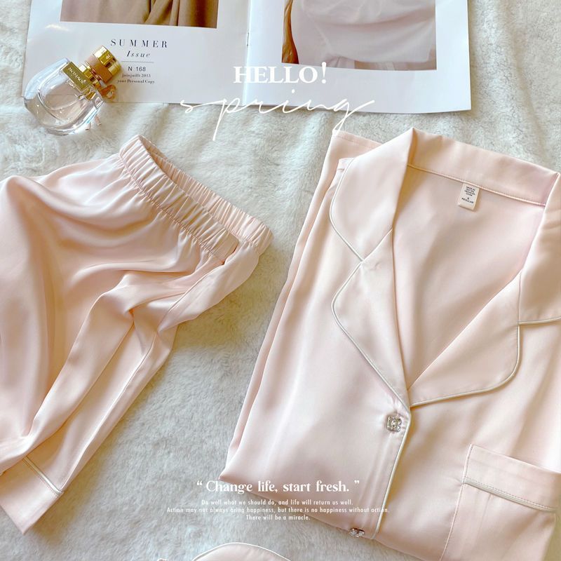 Luxurious Women's Ice Silk Pajama Set: Short Sleeve, Square Diamond Button, and Casual Comfort