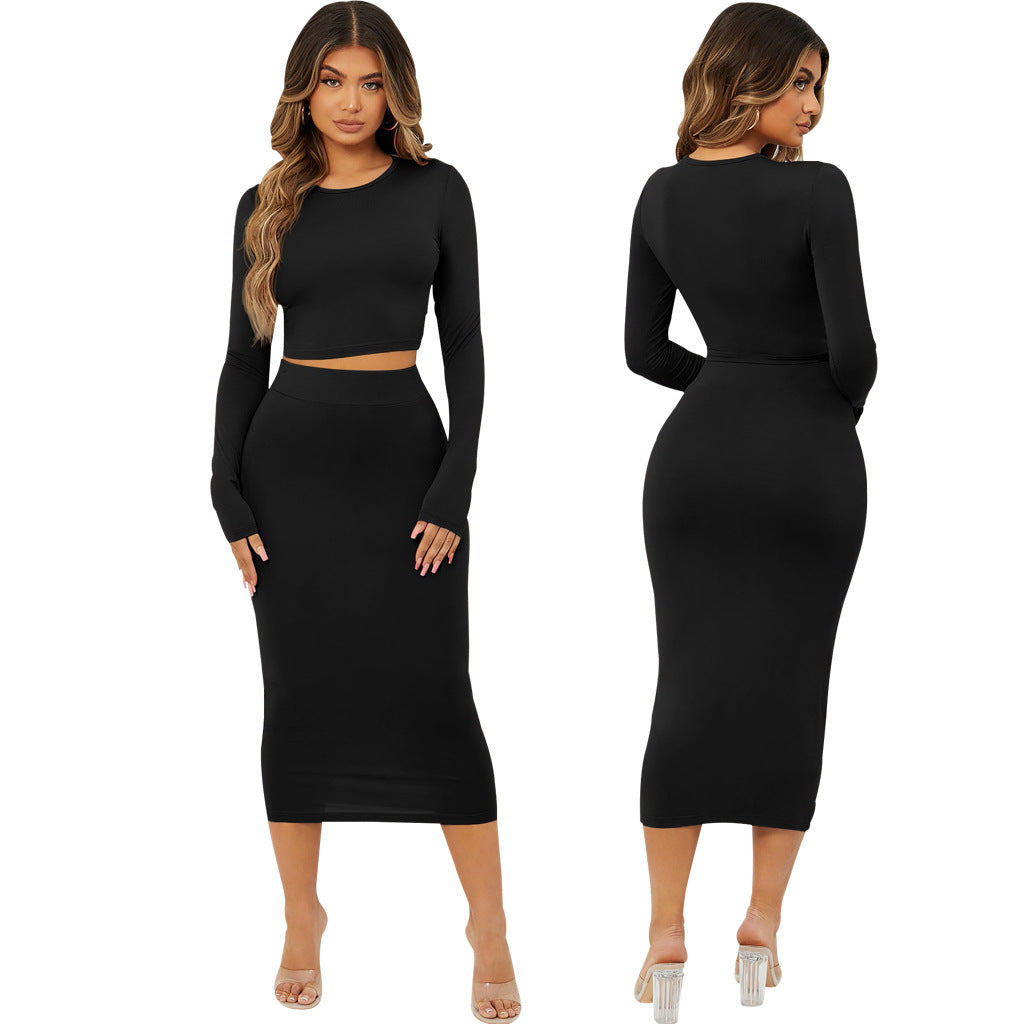 Chic Solid Color Fitted Two-Piece Set: Fashion Forward and Comfortable