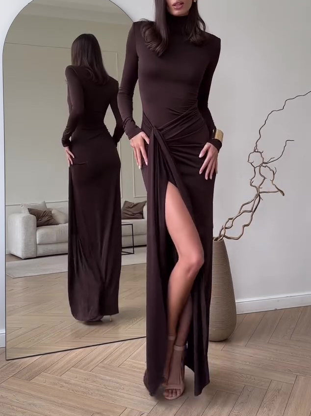 Solid Color Long Sleeve Slit Maxi Dress