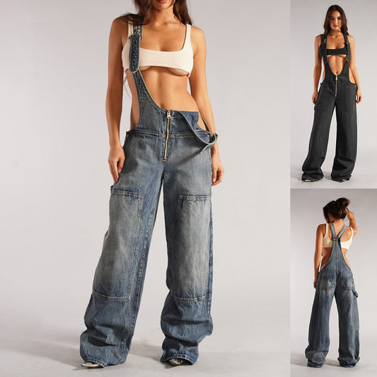 Y2K Zipper Denim Overalls With Pockets Fashion Loose Suspender Jumpsuit Jeans Pants Womens Clothing