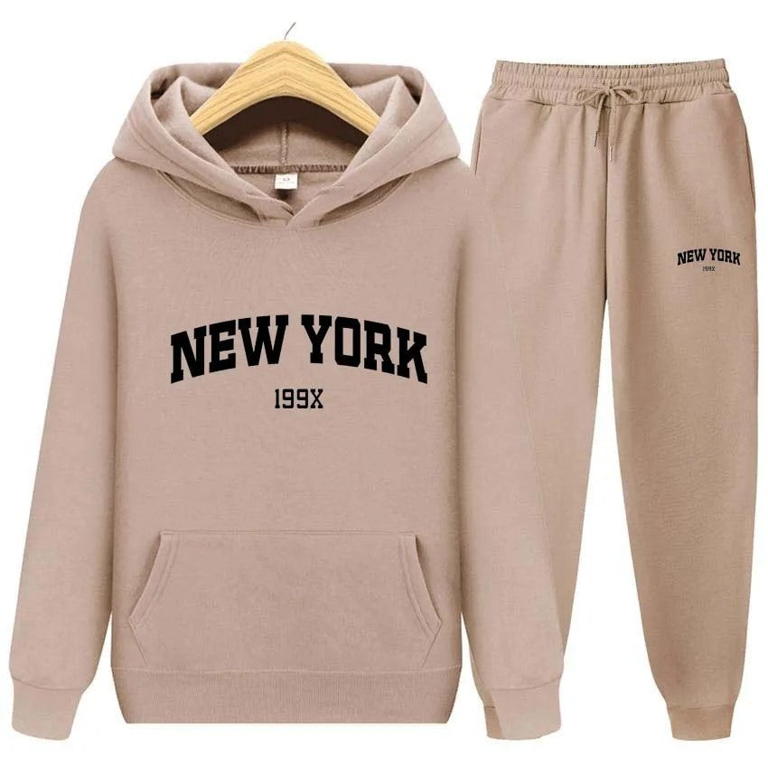 Stylish New York Letter Pullover & Sweatpants Set: Cozy Couple's Hoodie Sportswear for Men & Women