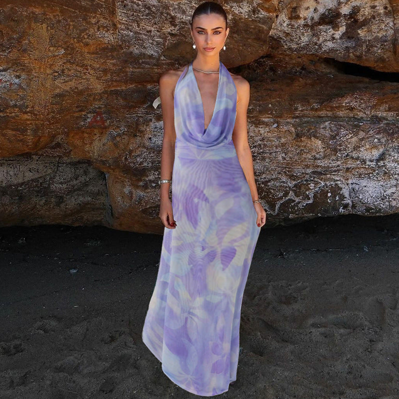 2pcs Tie Dye Printing Deep V-neck Suits Fashion Halter Backless Long Dresses For Beach Party Womens Clothing