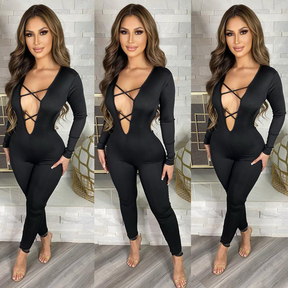 Women's Fashion Skinny Hollow Long Sleeve Jumpsuit