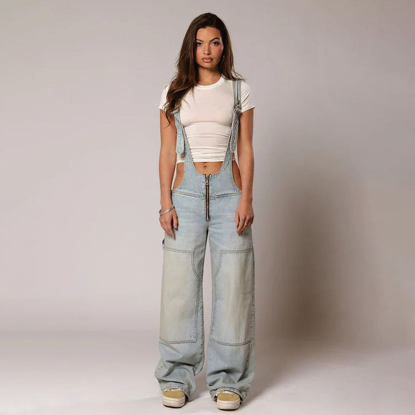 Y2K Zipper Denim Overalls With Pockets Fashion Loose Suspender Jumpsuit Jeans Pants Womens Clothing