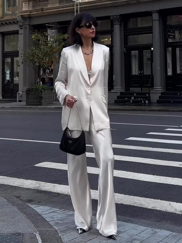 Sophisticated Solid Color Loose Blazer & High-Waisted Pants Set for Effortless Elegance