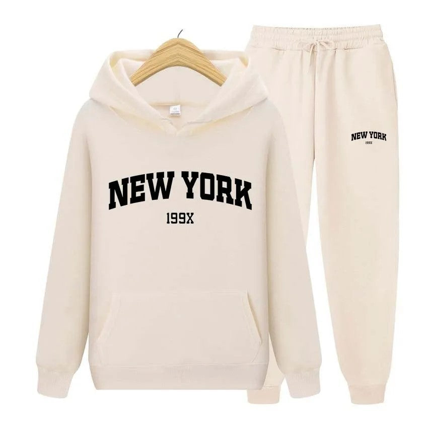 Stylish New York Letter Pullover & Sweatpants Set: Cozy Couple's Hoodie Sportswear for Men & Women