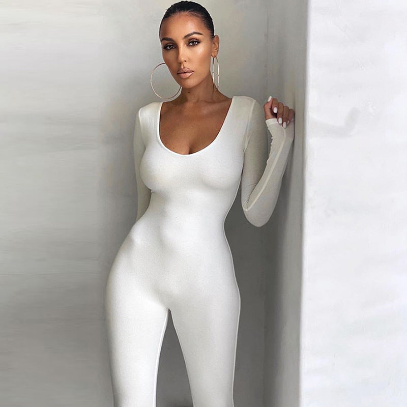 European And American Women's Low Neck Tight High Waist Fitness Jumpsuit