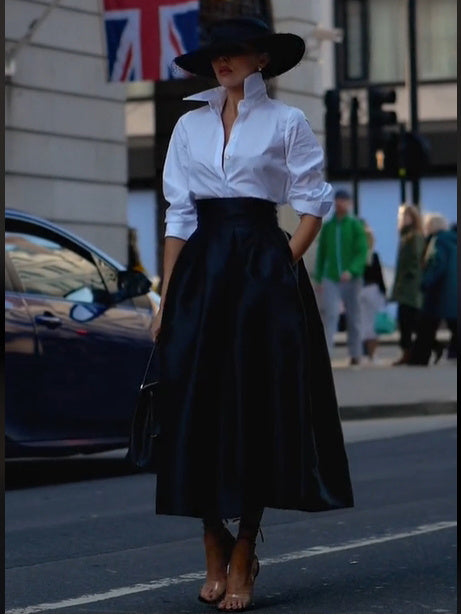 Luxurious Solid Color Long-Sleeved Shirt & High-Waisted Skirt Suit for Effortless Elegance