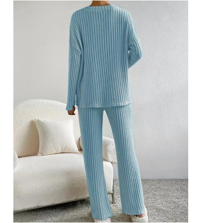 Effortless 'Nope, Not Today' V-Neck Knitting Suit: Stylish Straight Pants with Sunken Stripe Design