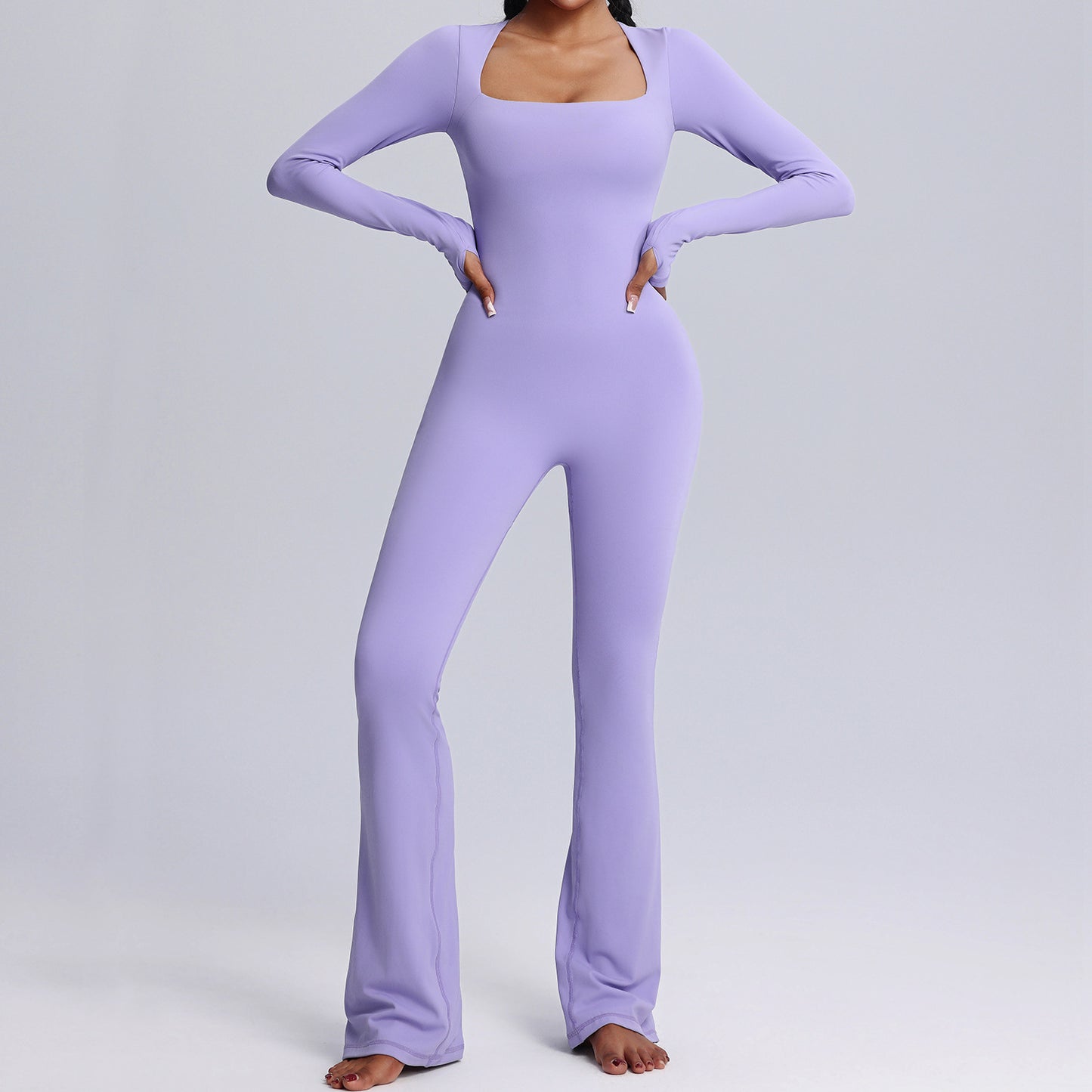 New Square Neck Long-sleeved Jumpsuit Yoga Fitness Sports Flared Pants Breathable Bodysuit Women's Clothing