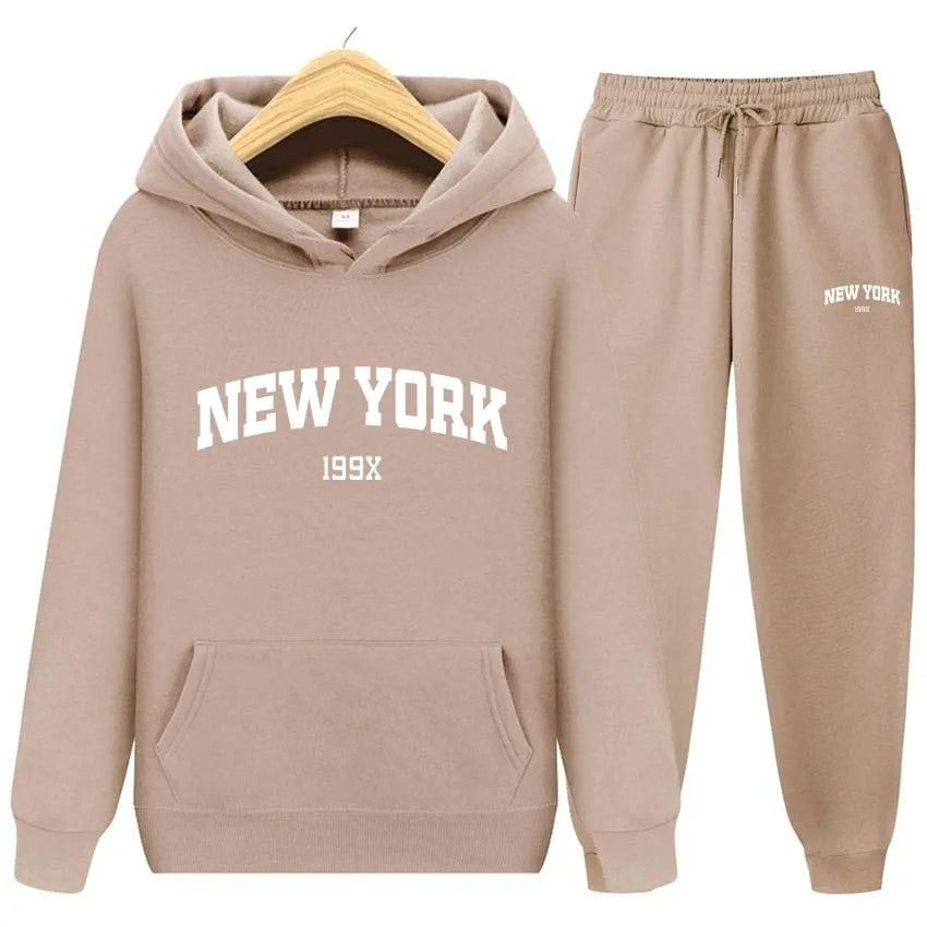 Stylish New York Letter Pullover & Sweatpants Set: Cozy Couple's Hoodie Sportswear for Men & Women