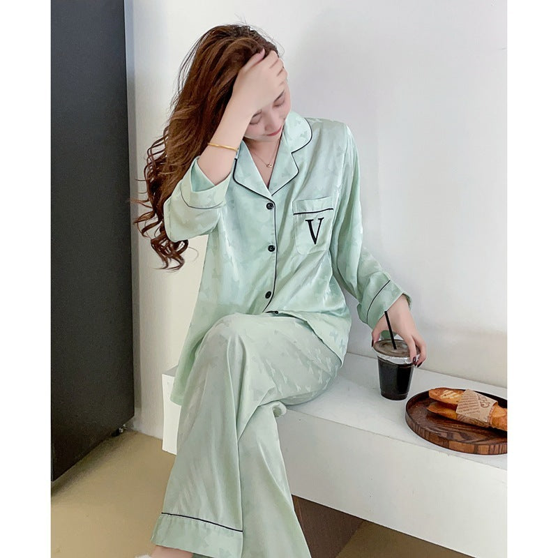 Enchanting Bow Jacquard Embroidery Sweet Ice Silk Pajamas for Ladies