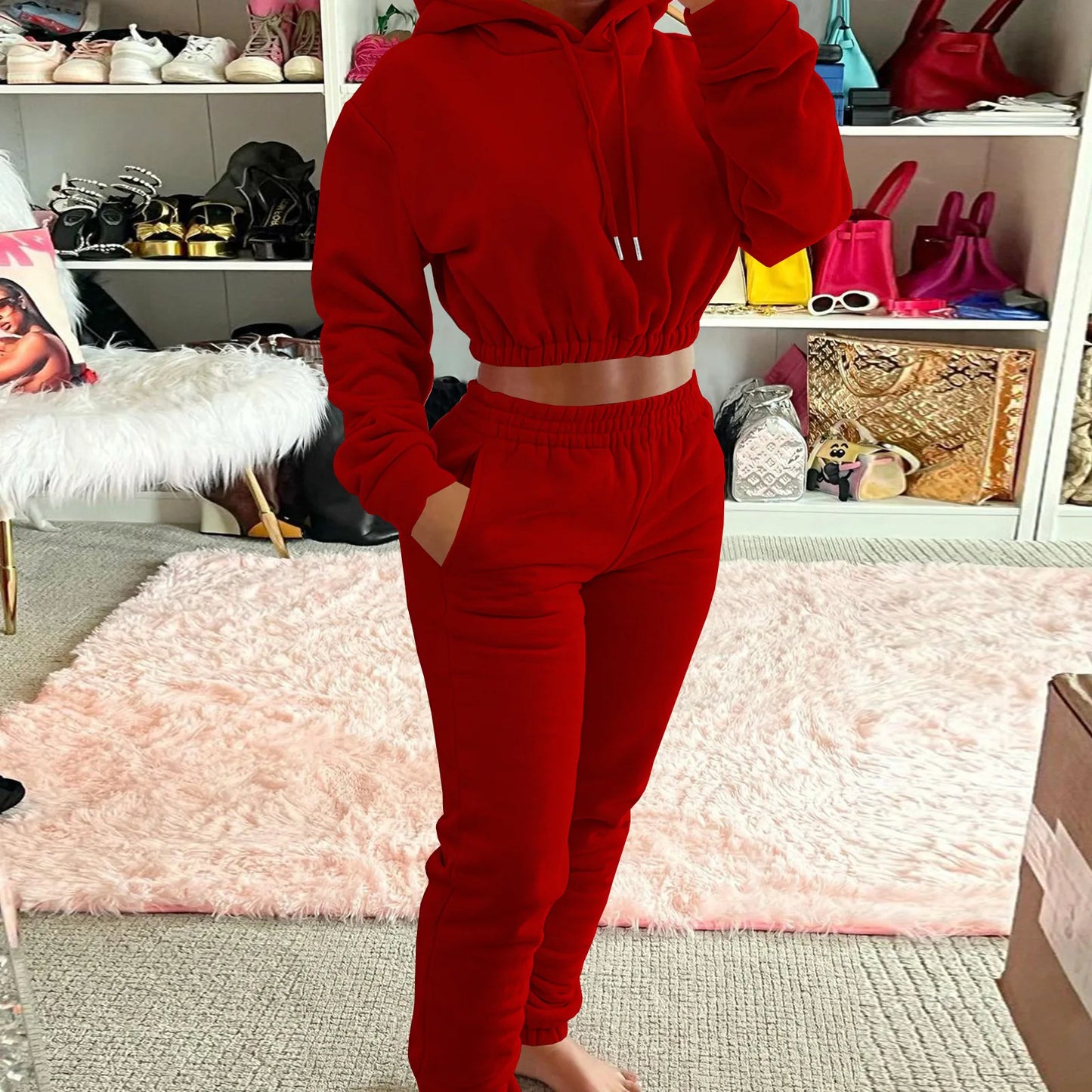 Women 2 Piece Outfits Fleece Sweatsuit Fall Tracksuit Pullover Crop Hoodie Jogger Pants Lounge Set Casual Sports Workout Outfits