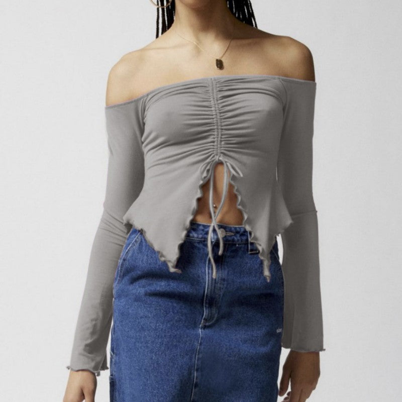 Elegant Two-Wear Off-the-Shoulder Long Sleeve Top with Wooden Ear Edge Horn Sleeves for a Sexy Look